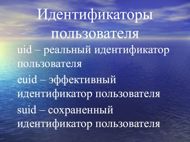 Идентификаторы пользователя uid – реальный идентификатор пользователя euid – эффективный идентификатор