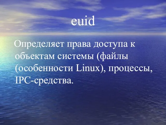 euid Определяет права доступа к объектам системы (файлы (особенности Linux), процессы, IPC-средства.