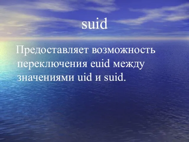 suid Предоставляет возможность переключения euid между значениями uid и suid.