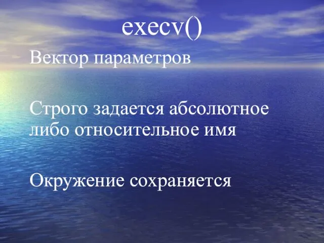 execv() Вектор параметров Строго задается абсолютное либо относительное имя Окружение сохраняется