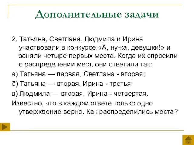 Дополнительные задачи 2. Татьяна, Светлана, Людмила и Ирина участвовали в конкурсе