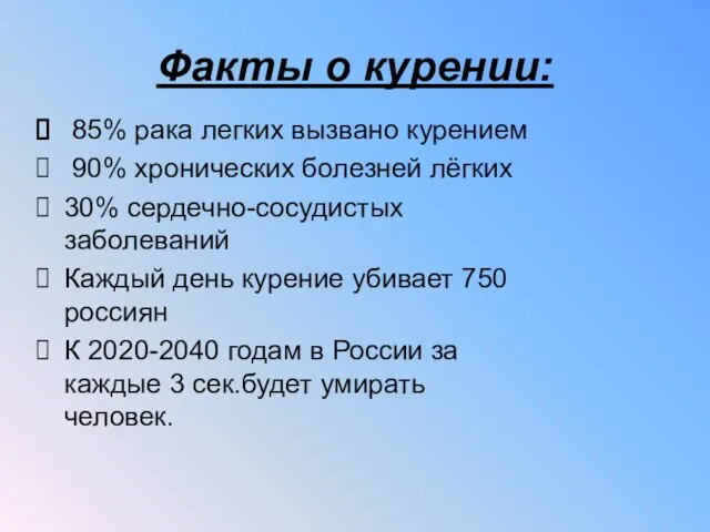 Факты о курении: 85% рака легких вызвано курением 90% хронических болезней