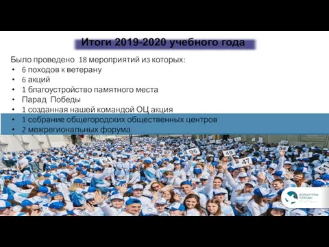 Итоги 2019-2020 учебного года Было проведено 18 мероприятий из которых: 6