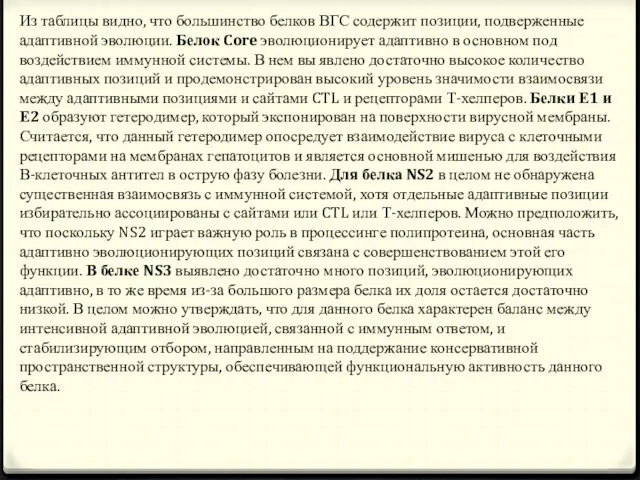 Из таблицы видно, что большинство белков ВГС содержит пози­ции, подверженные адаптивной