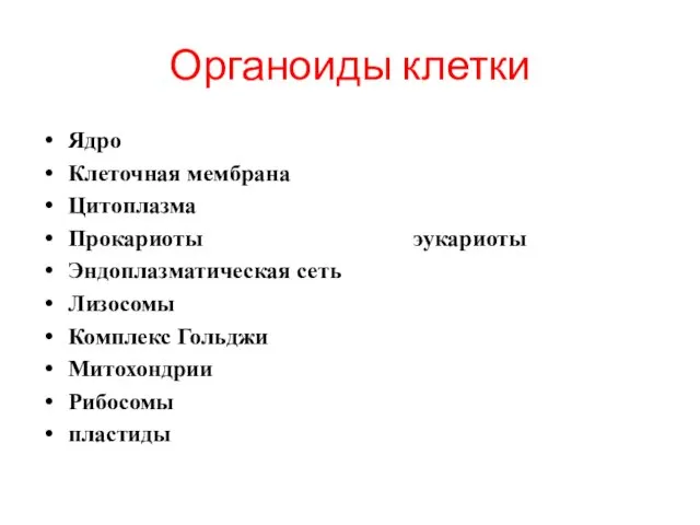 Органоиды клетки Ядро Клеточная мембрана Цитоплазма Прокариоты эукариоты Эндоплазматическая сеть Лизосомы Комплекс Гольджи Митохондрии Рибосомы пластиды