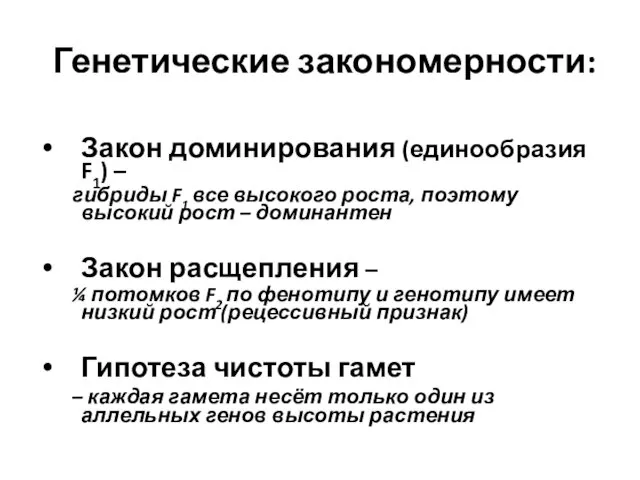 Генетические закономерности: Закон доминирования (единообразия F1) – гибриды F1 все высокого