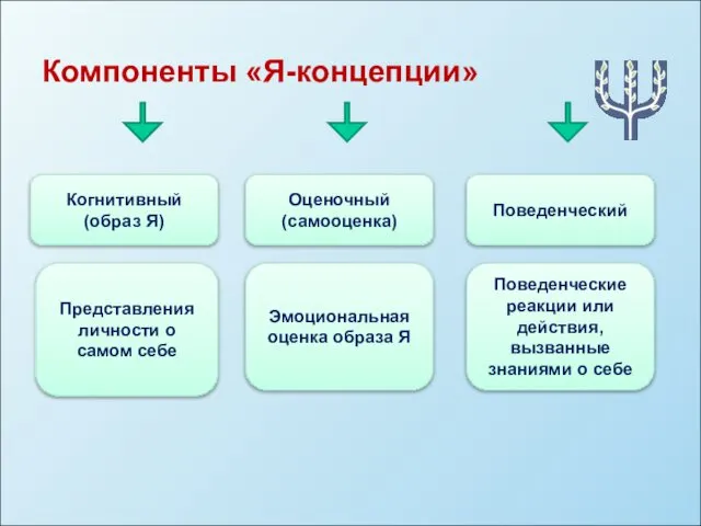 Компоненты «Я-концепции» Когнитивный (образ Я) Оценочный (самооценка) Поведенческий Представления личности о