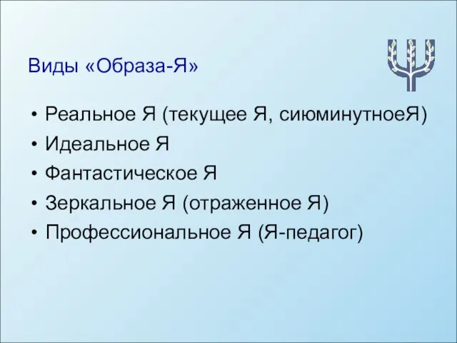 Виды «Образа-Я» Реальное Я (текущее Я, сиюминутноеЯ) Идеальное Я Фантастическое Я