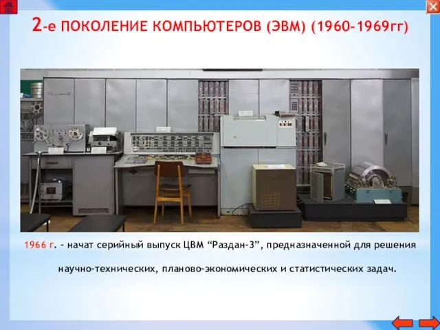 2-е ПОКОЛЕНИЕ КОМПЬЮТЕРОВ (ЭВМ) (1960-1969гг) 1966 г. - начат серийный выпуск