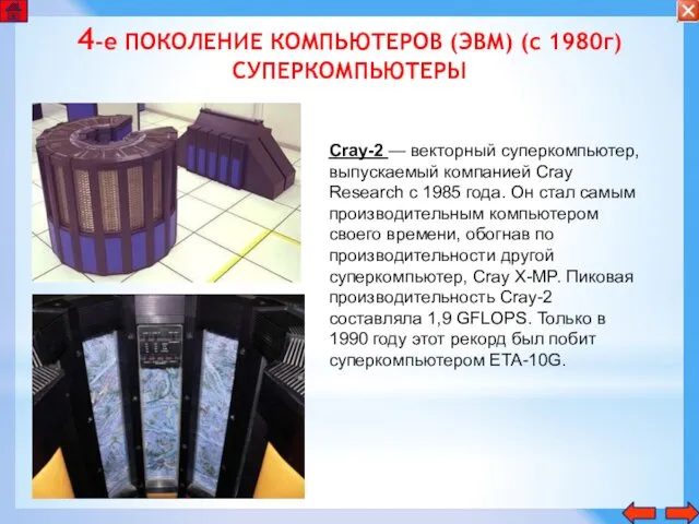 4-е ПОКОЛЕНИЕ КОМПЬЮТЕРОВ (ЭВМ) (с 1980г) СУПЕРКОМПЬЮТЕРЫ Cray-2 — векторный суперкомпьютер,