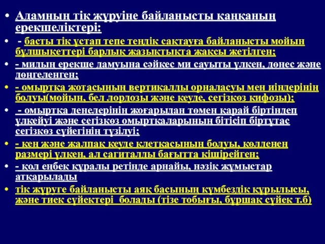 Адамның тік жүруіне байланысты қаңқаның ерекшеліктері: - басты тік ұстап тепе