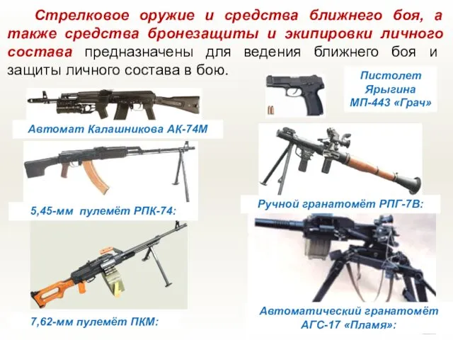 Стрелковое оружие и средства ближнего боя, а также средства бронезащиты и