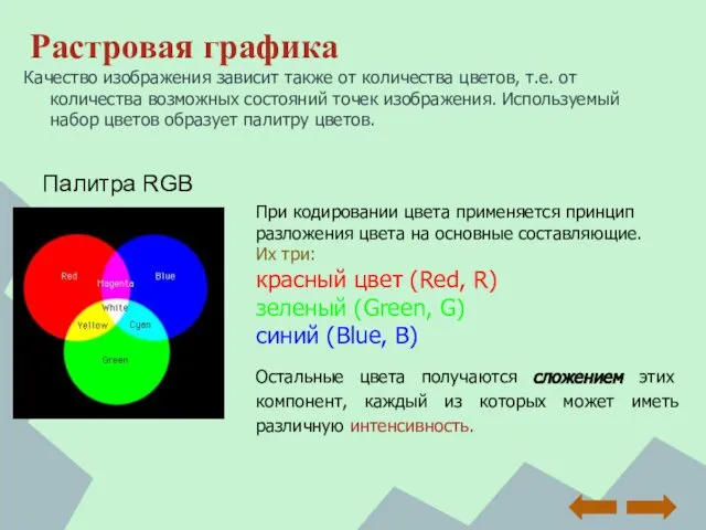 Растровая графика Качество изображения зависит также от количества цветов, т.е. от