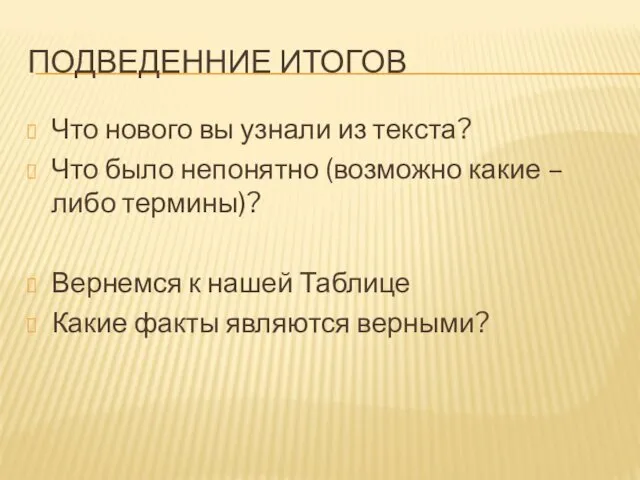 ПОДВЕДЕННИЕ ИТОГОВ Что нового вы узнали из текста? Что было непонятно