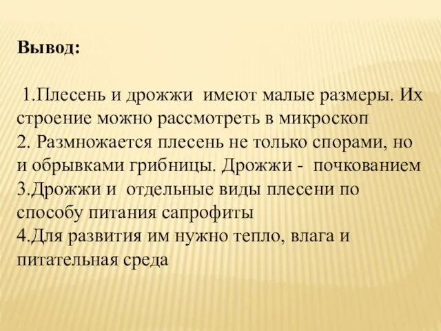 Вывод: 1.Плесень и дрожжи имеют малые размеры. Их строение можно рассмотреть