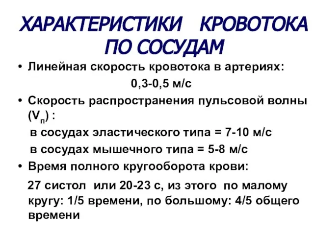 ХАРАКТЕРИСТИКИ КРОВОТОКА ПО СОСУДАМ Линейная скорость кровотока в артериях: 0,3-0,5 м/с