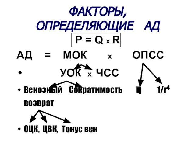 ФАКТОРЫ, ОПРЕДЕЛЯЮЩИЕ АД Р = Q x R АД = МОК