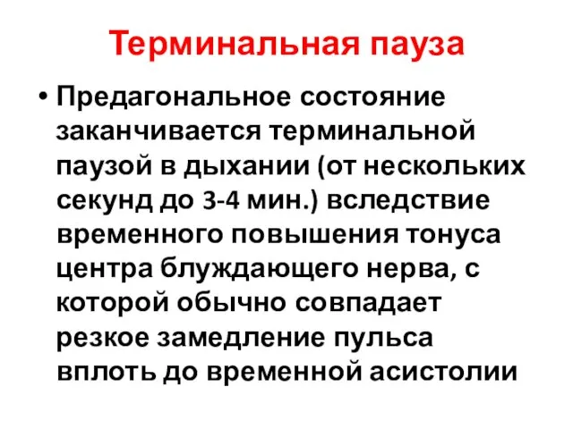 Терминальная пауза Предагональное состояние заканчивается терминальной паузой в дыхании (от нескольких