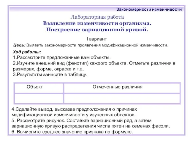 Лабораторная работа Выявление изменчивости организма. Построение вариационной кривой. Цель: Выявить закономерности