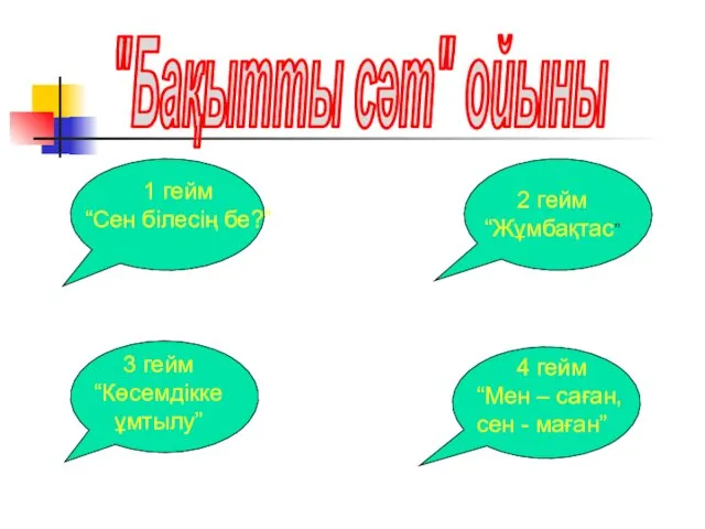 "Бақытты сәт" ойыны 1 гейм “Сен білесің бе?” 2 гейм “Жұмбақтас”