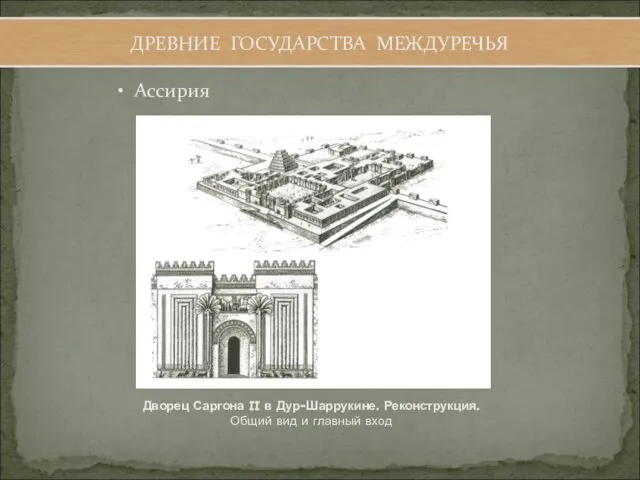 Ассирия ДРЕВНИЕ ГОСУДАРСТВА МЕЖДУРЕЧЬЯ Дворец Саргона II в Дур-Шаррукине. Реконструкция. Общий вид и главный вход