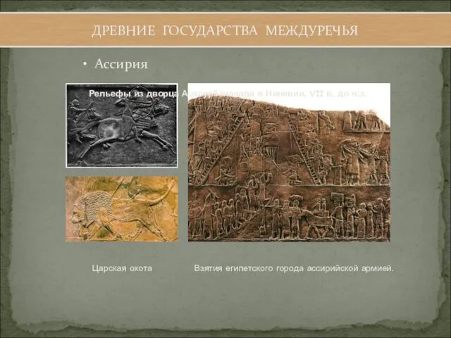 Ассирия ДРЕВНИЕ ГОСУДАРСТВА МЕЖДУРЕЧЬЯ Взятия египетского города ассирийской армией. Рельефы из