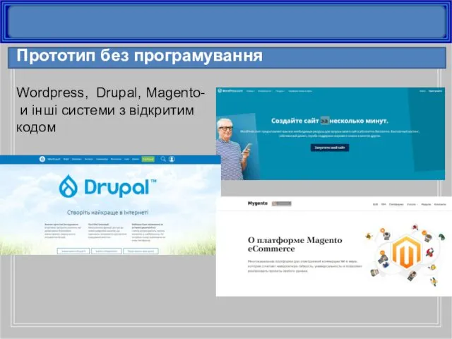 Прототип без програмування Wordpress, Drupal, Magento- и інші системи з відкритим кодом