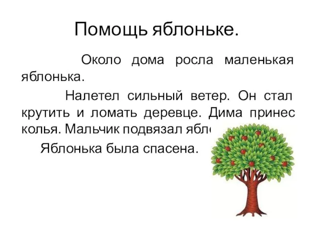 Помощь яблоньке. Около дома росла маленькая яблонька. Налетел сильный ветер. Он