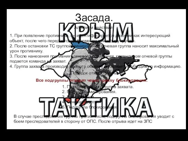 Засада. Алгоритм действий 1. При появление противника, он идентифицируется дозором как