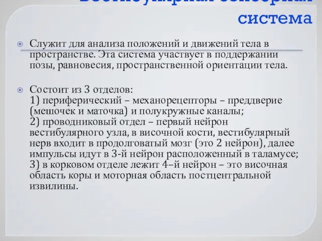 Вестибулярная сенсорная система Служит для анализа положений и движений тела в