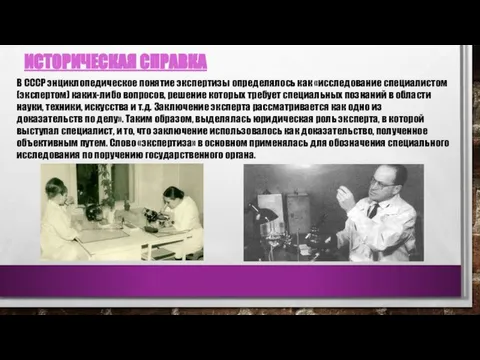 В СССР энциклопедическое понятие экспертизы определялось как «исследование специалистом (экспертом) каких-либо