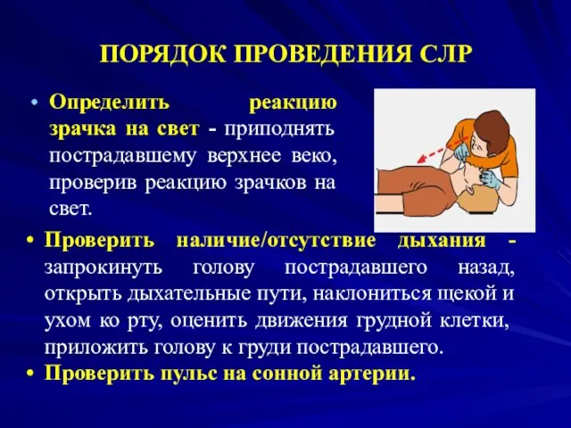 ПОРЯДОК ПРОВЕДЕНИЯ СЛР Определить реакцию зрачка на свет - приподнять пострадавшему