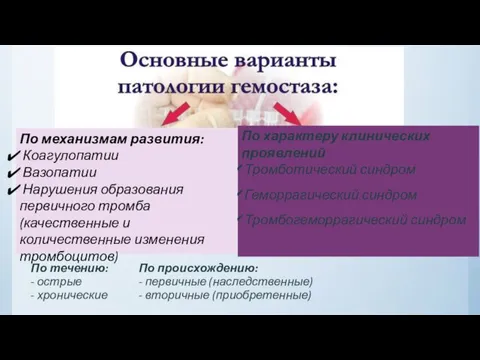 По характеру клинических проявлений Тромботический синдром Геморрагический синдром Тромбогеморрагический синдром По