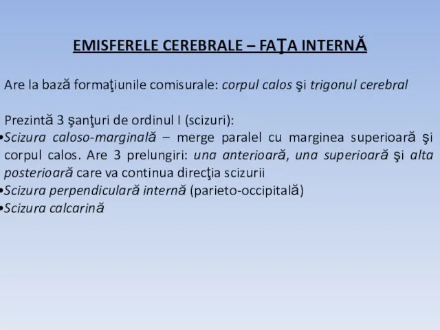 EMISFERELE CEREBRALE – FAŢA INTERNĂ Are la bază formaţiunile comisurale: corpul