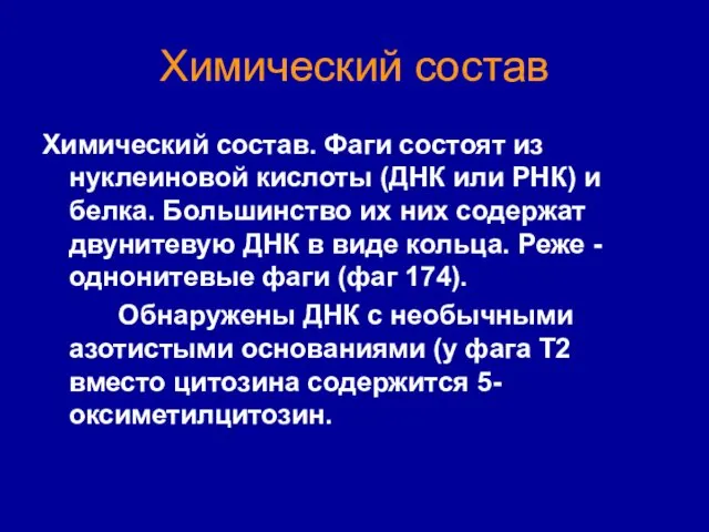 Химический состав Химический состав. Фаги состоят из нуклеиновой кислоты (ДНК или