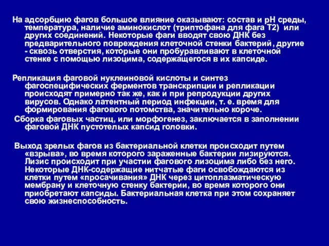 На адсорбцию фагов большое влияние оказывают: состав и рН среды, температура,