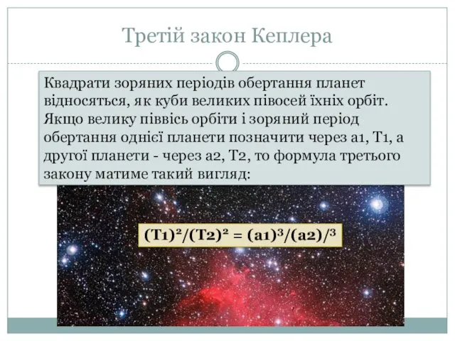 Третій закон Кеплера Квадрати зоряних періодів обертання планет відносяться, як куби