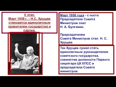 Март 1958 года - с поста Председателя Совета Министров снят Н.