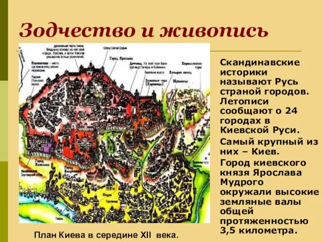 Зодчество и живопись Скандинавские историки называют Русь страной городов. Летописи сообщают