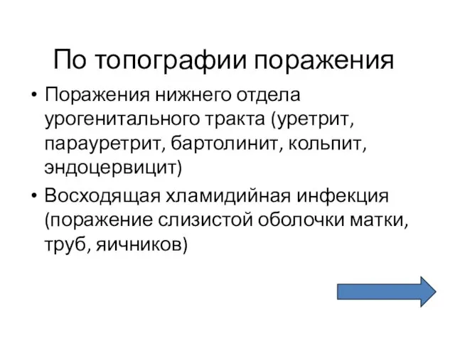 По топографии поражения Поражения нижнего отдела урогенитального тракта (уретрит, парауретрит, бартолинит,