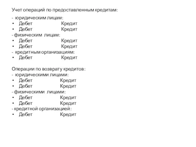 Учет операций по предоставленным кредитам: - юридическим лицам: Дебет Кредит Дебет