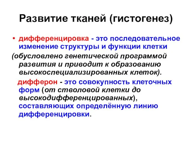 Развитие тканей (гистогенез) дифференцировка - это последовательное изменение структуры и функции