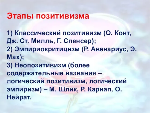 Этапы позитивизма 1) Классический позитивизм (О. Конт, Дж. Ст. Милль, Г.