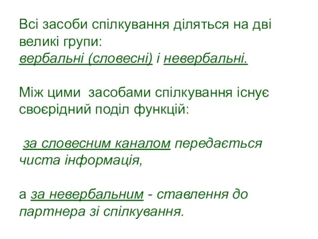 Всі засоби спілкування діляться на дві великі групи: вербальні (словесні) і