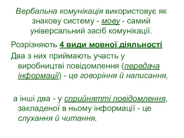 Вербальна комунікація використовує як знакову систему - мову - самий універсальний