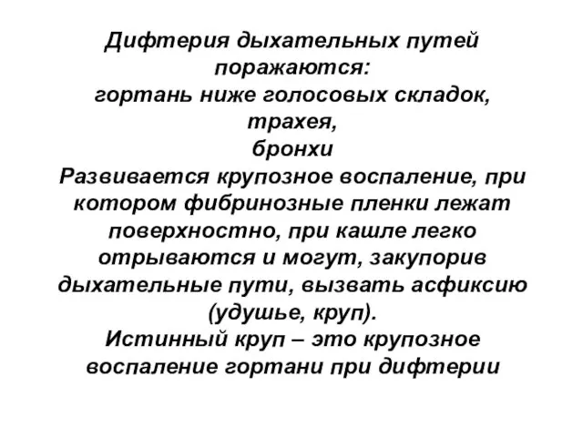 Дифтерия дыхательных путей поражаются: гортань ниже голосовых складок, трахея, бронхи Развивается