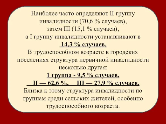 Наиболее часто определяют II группу инвалидности (70,6 % случаев), затем III