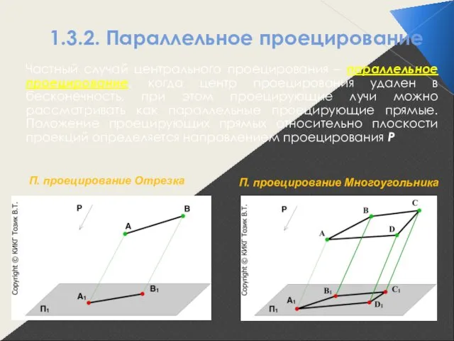 1.3.2. Параллельное проецирование Частный случай центрального проецирования – параллельное проецирование, когда