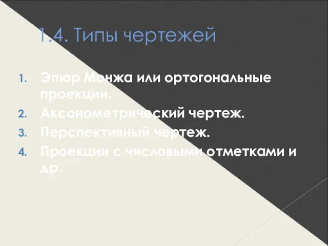 1.4. Типы чертежей Эпюр Монжа или ортогональные проекции. Аксонометрический чертеж. Перспективный