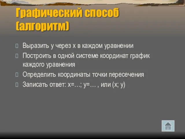 Графический способ (алгоритм) Выразить у через х в каждом уравнении Построить